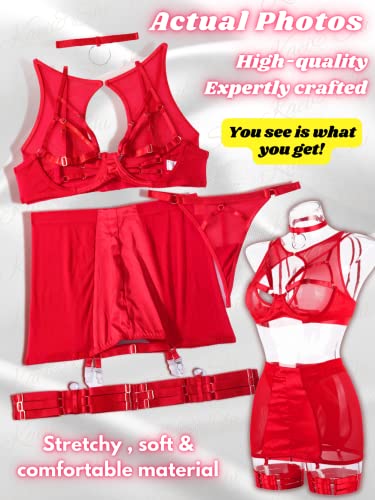 Kaei&Shi Garter Lingerie For Women,Sheer Mesh Choker Strappy Cutout Exotic Sexy Lingerie, High Waisted Thigh Band Skirt G String Matching 4 Piece Lingerie Set Boudoir Red Large #TOP3
