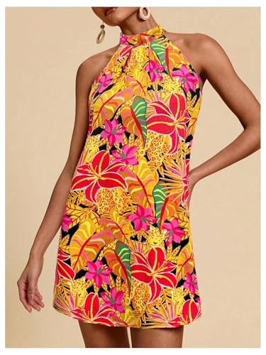 Image of Floerns Women's Sleeveless Floral Print Sundress Halter Neck A Line Short Dress