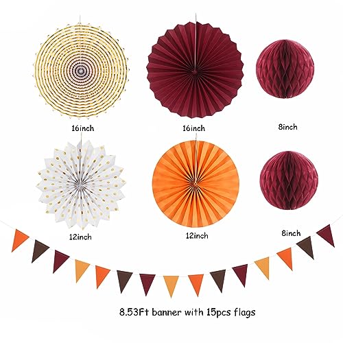 Image of Burgundy Brown-Orange Baby-Shower Boho Party-Decorations - 20pcs Fall Autumn Paper Lanterns Fans,Tissue Pom Poms,Honeycomb Balls,Wedding Birthday Bridal Harvest Thanksgiving Festival Decor Burgleda