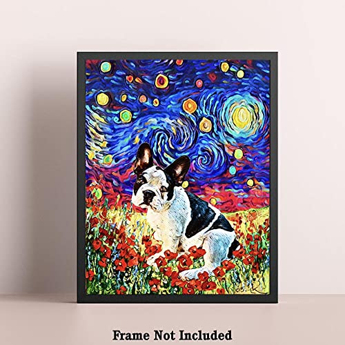 Bestbuddy Pet 8X10 Unframed Starry Night Styled French Bulldog White Black Animals Lover Family Peace Love Oil Painting Art Print Poster Wall Decor Ap073 #TOP4