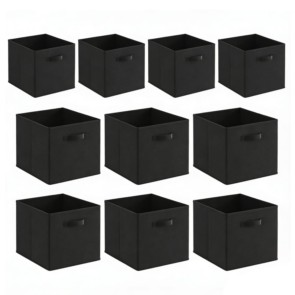 BonChoice Foldable Storage Cubes Boxes Pack of 10 with Handle for Home Organization, Fabric Wardrobe Storage Box Organizer Basket Bins for Clothes Toys Towels, Collapsible&Durable Black