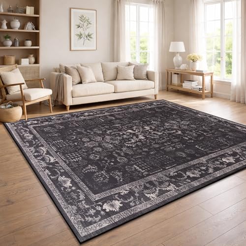 Paco Home Alfombra De Pasillo Vintage Pelo Corto Estilo Boho Lavable Antideslizante Facil Cuidado Diseno Retro Moderno, Color:Antracita, tamaño:80x150 cm