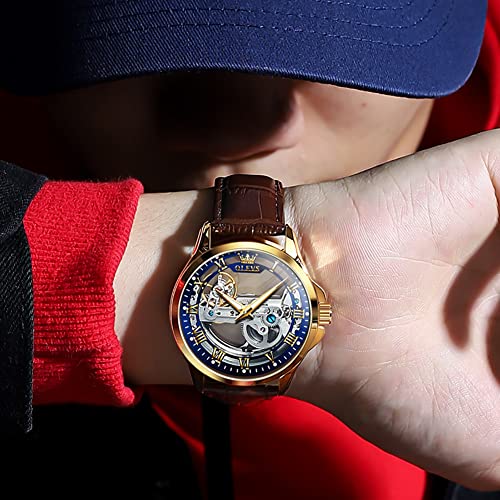 Image of OLEVS Skeleton Watches for Men Automatic Self Winding Mechanical Luxury Dress Leather Waterproof Luminous Men Wrist Watch