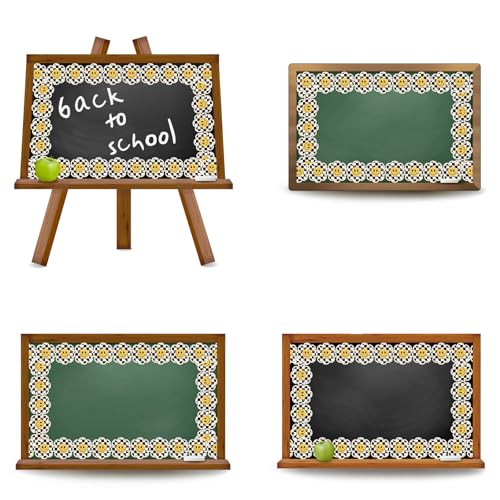 Image of Whaline 32.8ft Happy Face Daisy Bulletin Board Border White Black Checkered Smile Face Flower Die-Cut Rolled Border Trim with Gold Edge for Back to School Chalkboard Wall Decoration