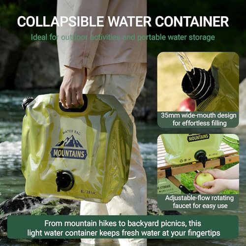 Contenedor de Agua Plegable 8L Jarra de Agua para Camping con Grifo Ajustable, Bolsa para Agua a Prueba de Fugas y Libre de BPA para Camping, Mochilero, Emergencias Paquete de 8 miniatura 2