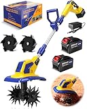 21V Cordless Tiller Cultivator, 720RPM Electric Tiller with 2 * 6.0Ah Batteries, Extra Weeding Wheel, 9.0' Tilling Width 6.7' Depth, Power Rototillers for Gardening/Lawn/Soil Cultivation (Large)