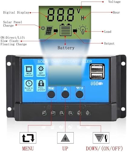 30A Solar Charge Controller,12V/ 24V Solar Panel Charge Controller,Timer Setting PWM Auto Parameter,Intelligent Regulator with 5V Dual USB Port Display Adjustable Parameter LCD Display - Image 3