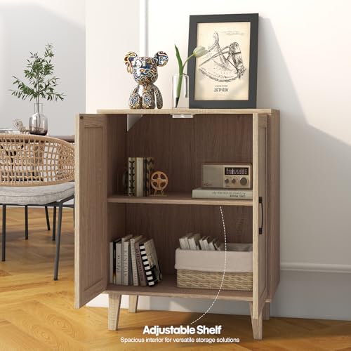 Panana Rattan Decorated Buffet Storage Cabinet, Wood Kitchen Sideboard Accent Cabinet (69(W) x 38(D) x 88(H) cm, Natural Wood Finish) - Image 5