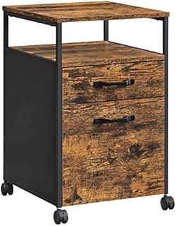 VASAGLE File Cabinet with 2 Drawers, Rolling Office Filing Cabinet with Wheels, Open Compartment, Steel Frame, Industrial Style, Rustic Brown and Black OFC71X