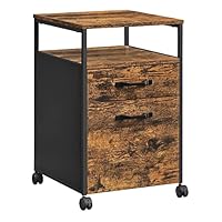 VASAGLE Filing Cabinet, Mobile File Cabinet with 2 Drawers, Office Cabinet on Wheels, for A4, Letter-Size Hanging File Folders, Open Shelf, Steel Frame, Rustic Brown and Ink Black OFC71X