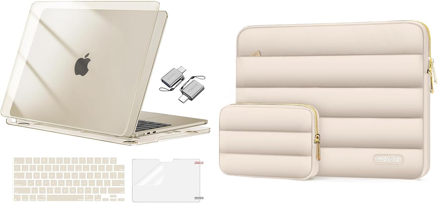 MOSISO Compatible with MacBook Air 13 inch Case 2025 2024 2023 2022 M4 A3240 M3 A3113 M2 A2681, Plastic Hard Shell&Keyboard Cover&Screen Film&Type C&Horizontal Bag, Crystal Starlight&Sand