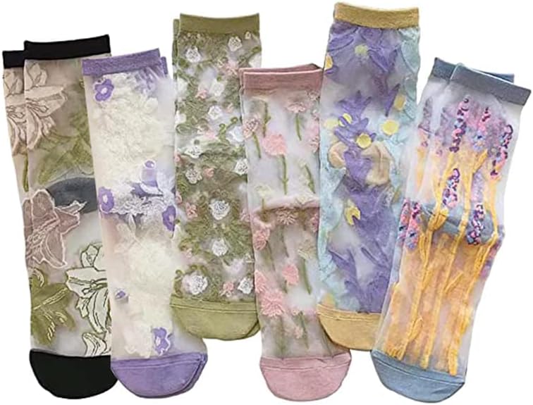 7 Pairs Women Floral Sheer Sock Elastic See Through Socks Summer Thin Mesh Lace Jacquard Socks Cottagecore Accessories