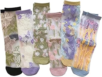 Tooe 7 Pairs Women Floral Sheer Sock Elastic See Through Socks Summer Thin Mesh Lace Jacquard Socks Cottagecore Accessories