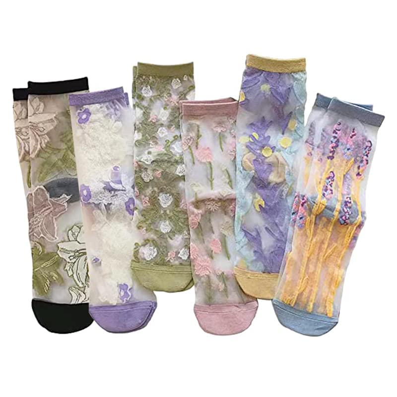 Alafime Coquette Aesthetic Mesh Socks for Women - 7 Pairs Kawaii Embroidered Florals Y2K Full Tube Sheer Socks
