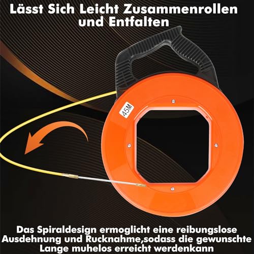 Kabeleinziehhilfe 45 M, 4mm Einziehspirale, Einziehfeder, Zugdraht für Leerrohre mit 6 Adapter, Kabelziehhilfe mit Kunststoffgehäuse und Handgriff, Einzugshilfe Kabel für Elektroarbeiten.