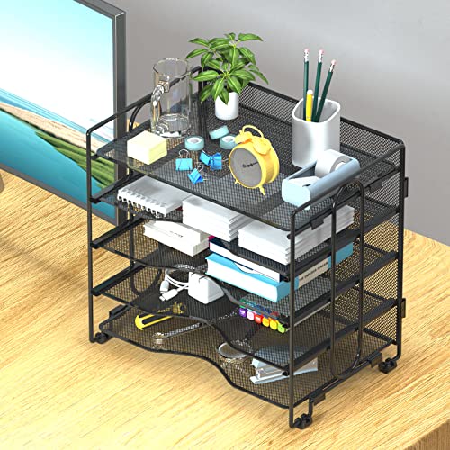 Black Mesh 5-Tier Letter Tray Organizer, Home Office Paper Filer 13.4Lx9Wx12.6H inches