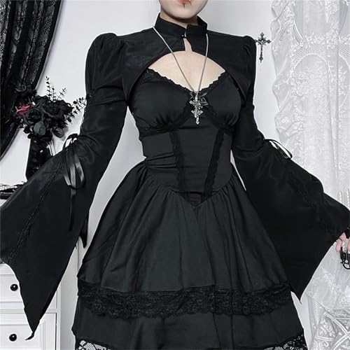 Image of Women Gothic Crop Top Shirt Y2K Black Bell Sleeve Shawl Cardigan