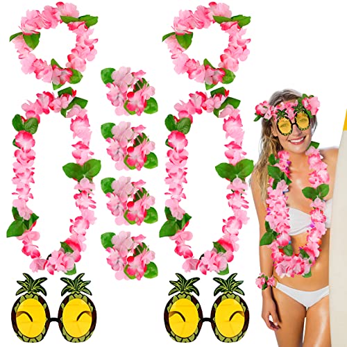 Collar Guirnalda Fiesta Hawaianas,10 Piezas Leis Flores Gafas de Sol de Piña Collar Diadema Pulseras,Tropicales Luau Pulsera para Decoraciones Vestido Tema Verano,Suministros Fiesta Vacaciones Playa