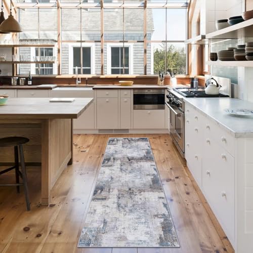 vivorug Runner Rug 2'x8' Machine Washable Non-Slip Runners for Hallways Kitchen Entryway Laundry Room Modern Abstract Carpet Hallway Runner Grey/Navy