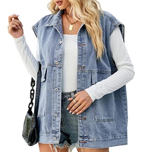 Frotox GeknöPfte Gewaschene Jeansjacken äRmellose Poket Insgram...