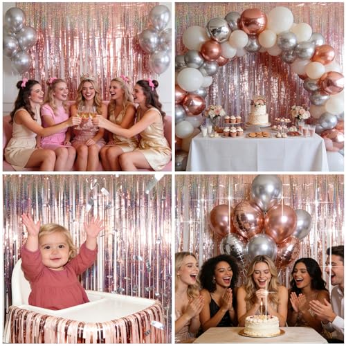 Image of 4 Packs Rose Gold Foil Fringe Curtain, Rose Gold Glitter Metallic Tinsel Backdrop for Birthday Wedding Bridal Baby Shower Engagement Bachelorette Party Decorations Supplies