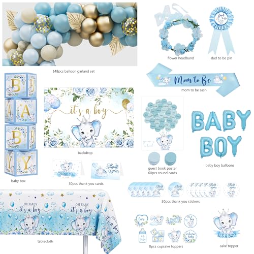 Hycsanbao BLUE ELEPHANT Baby Shower Party Supplies, It'S A Boy Backdrop Tablecloth Elephant Balloon Arch Baby Box Mom To Be Sash Dad To Be Pin thumb #1