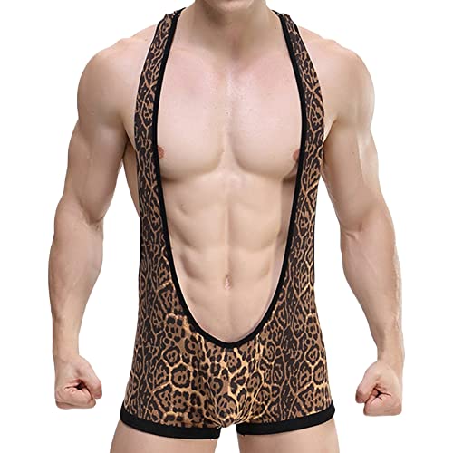 Maiyifu-GJ Men Leopard Print Wrestling Singlet Leotard Suspenders Jockstrap Bodysuit One Piece Breathable Jumpsuit Underwear (Brown,Medium)