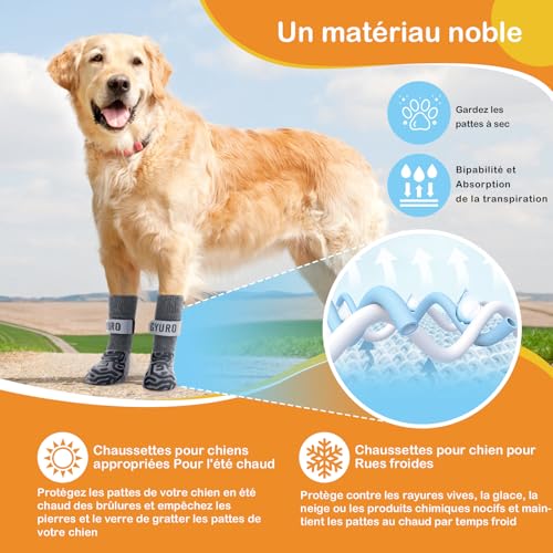 GYURO 2 Paar rutschfeste Hundesocken mit weichem Pfotenschutz und verstellbarem Klettverschluss für den Innenbereich (Grau, L)