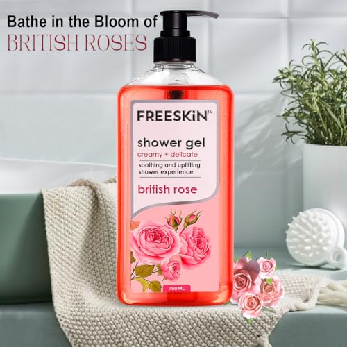 Image of Freeskin British Rose Shower Gel-750ml Creamy + Delicate - Luxurious Floral Body Wash with Natural Rose Extracts for Gentle Cleansing, Deep Hydration, and Soft, Smooth Skin - Suitable for All Skin Types - Paraben & Sulfate Free