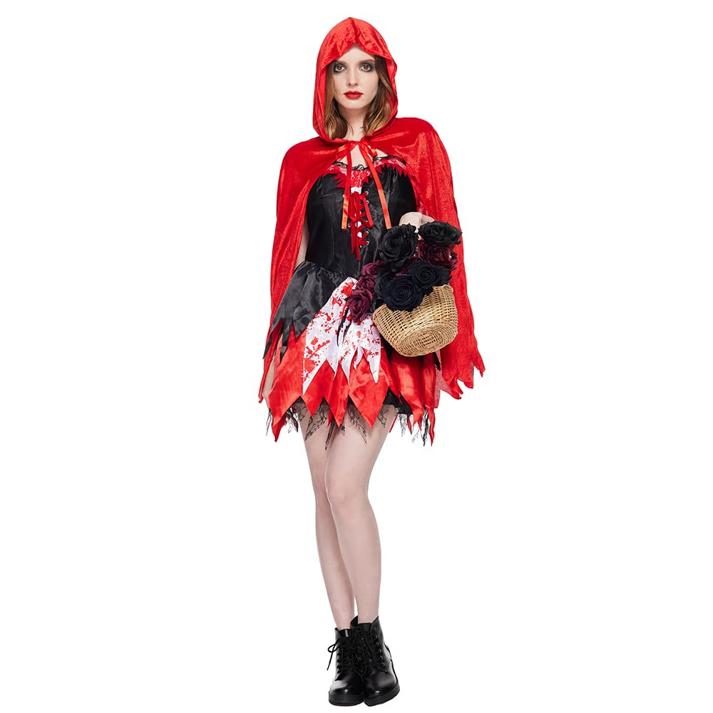 Megartico Halloween Adult Scary Little Red Riding Hood Costumes Women Sexy Little Red Hood Costume with Cloak Party Suit
