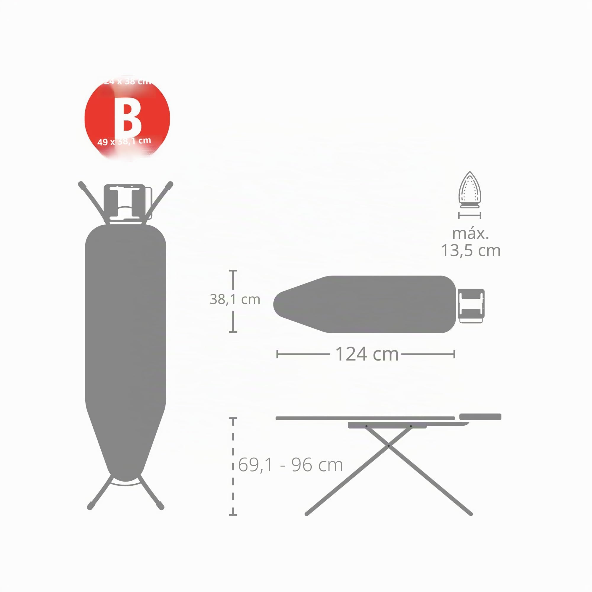 Brabantia - Mesa de Planchar B - para Plancha de Vapor - Universal Ajustable - para Diestros y Zurdos - No se Desliza y No Araña - Plegable - Azul (Denim Blue) - 124x38 cm