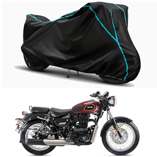 Image of Waterproof Bike Body Cover Compatible for | Benelli Imperiale-400 | Taffeta Fabric, Sky Piping Design, Bottom Elastic Fit | Dustproof, Sun UV & Rain Protection for All Weather.