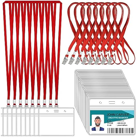 100 Pcs Clear Horizontal Badge Id Card and 100 Pcs Lanyard, Reusable Lanyards for Id Badge Holder Name Tag Badge Holder with Lanyards for Adults Kids Business School Conferences (Red) Cover