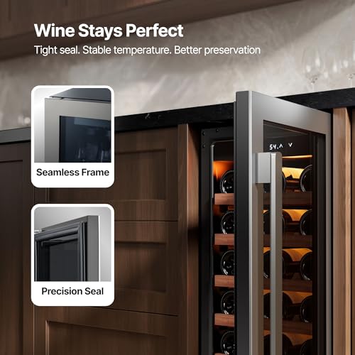 Image of Ca'Lefort 15 Inch Wine Fridge, 33 Bottles Under Counter Wine Cooler | 40-65F Touch Control, Dual-Pane Glass Door, Adjustable Shelves, 3 Color LED, Built-In or Under Counter for Home Bar Kitchen