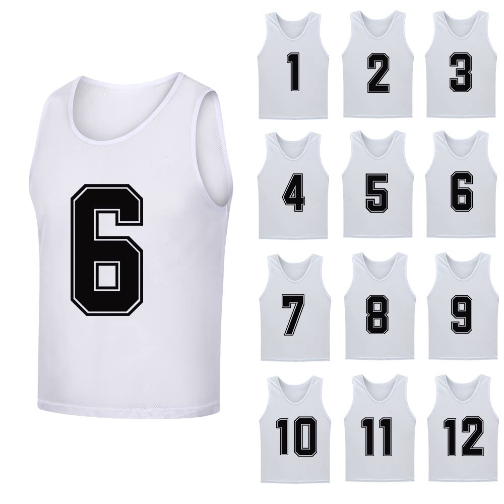 SHIJIXING 12 Pack（1-12） Numbered Pinnies/Soccer Training Bibs/Basketball Jerseys for Kids,Youth and Adults, 1-12 White, XL