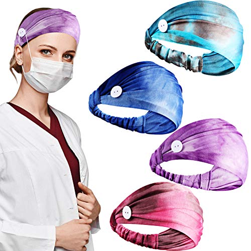 4 Pieces Tie Dye Headband with Buttons Elastic Button Headband Wide Non-slip Yoga Sports Workout Turban Headwrap for Women Men Running Travel Outdoor Supplies (Purple, Light Green, Sky Blue, Pink)