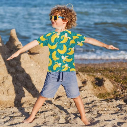 ALAZA Kids Rash Guard Boys Toddler Swim Shirts Short Sleeve Striped Banana UPF 50+ 3T4