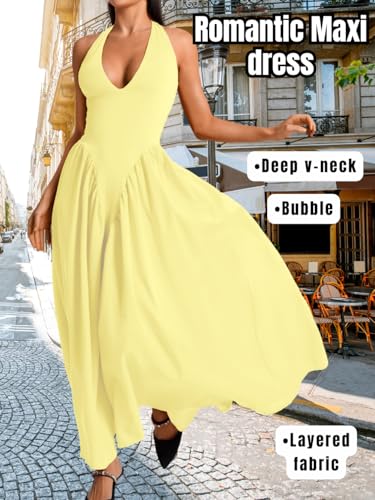 Image of ChiaoLezhee Deep V Neck Dress, Halter Maxi Dresses, Vacation Date Night, Sexy for Women Corset Flowy Wedding Guest Drop Waist