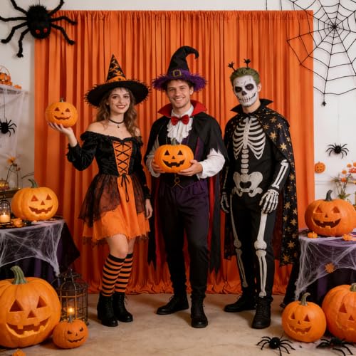 Image of 10ft x 10ft Orange Backdrop Curtains for Parties, Polyester Fabric Backdrop Drapes with Rod Pockets for Weddings, Birthday, Halloween, Photography, Christmas Party Background Curtain, 2 Panels