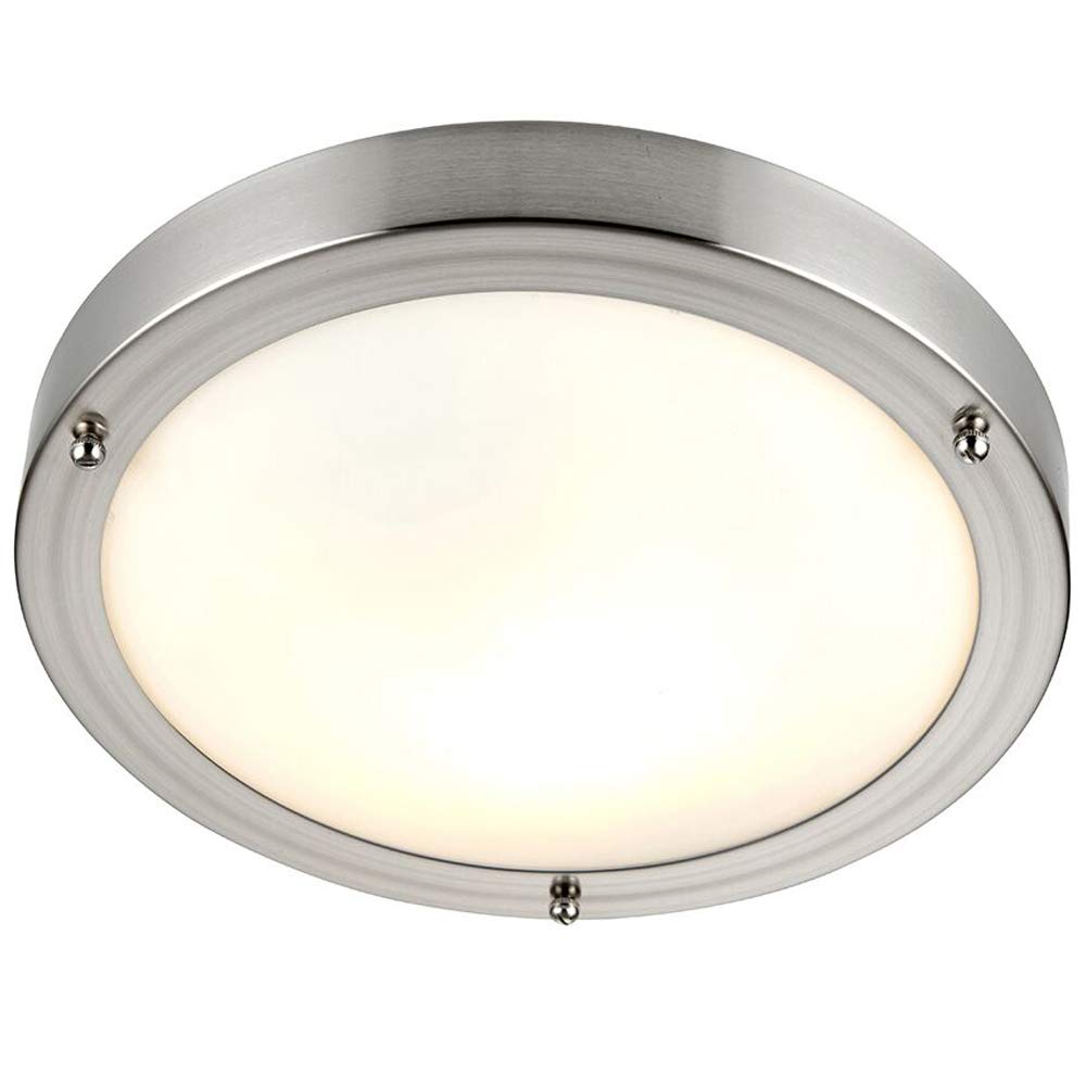 Loops Light Ip44 Outdoor Rated Dimmable Round Bulkhead –Satin Nickel & Frosted Glass– Decorative Bathroom Flush Ceiling Lamp – External Wall/House Ing – E27 Edison – 60W Max Led Compatible