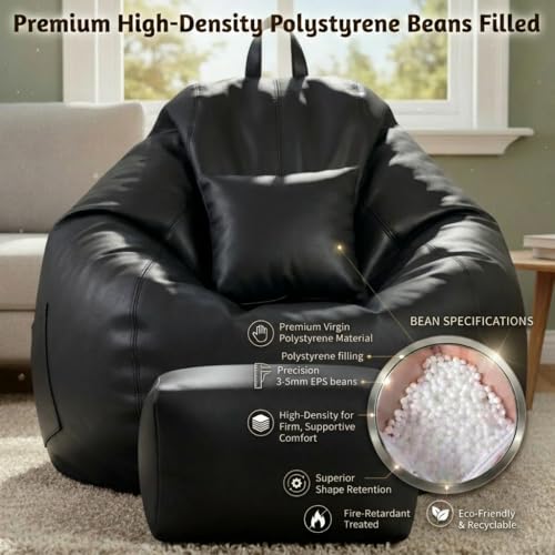 Image of KAM'S LIEU 5XL Luxury Faux Leather Bean Bag with Footrest & Cushion | Pre-Filled High-Density Polystyrene Beans | Premium Leatherette | 6 Months Warranty Color- (Black, Without Footrest)