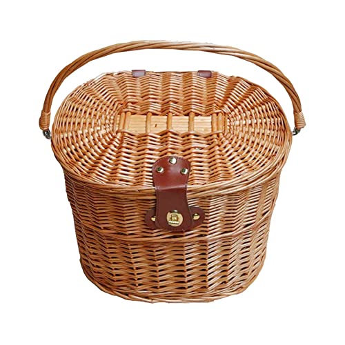 Yiju Handcrafted Bike Basket for Front Storage, Rattan with Lid for Girls, Brown