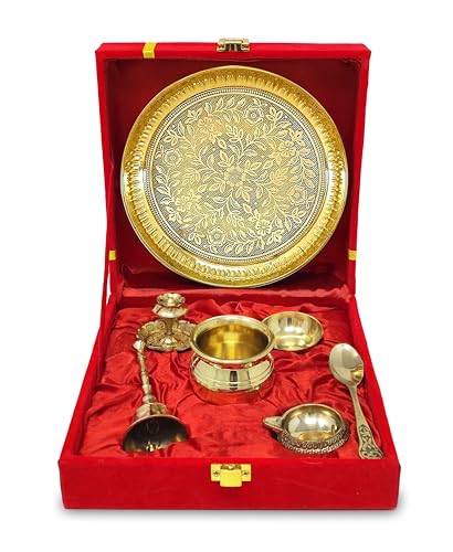 Image of BENGALEN Brass Pooja Thali Set with Red Gift Box Very Small 6 Inch Pital Plate Kalash Spoon Chandan Wati Dhup Dan Kuber Diya Ghanti Puja Arti Thali for Diwali Home Office Mandir Wedding Return Gifts