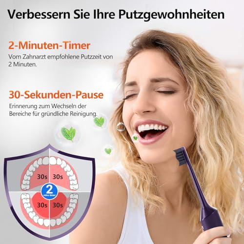 Elektrische Zahnbürste, Schallzahnbürste, Zahnbürste Mit 180 Tagen Akkulaufzeit Und Timer, 3 Intensitäten, 5 Modi, 40000 VPM, IPX7, lila