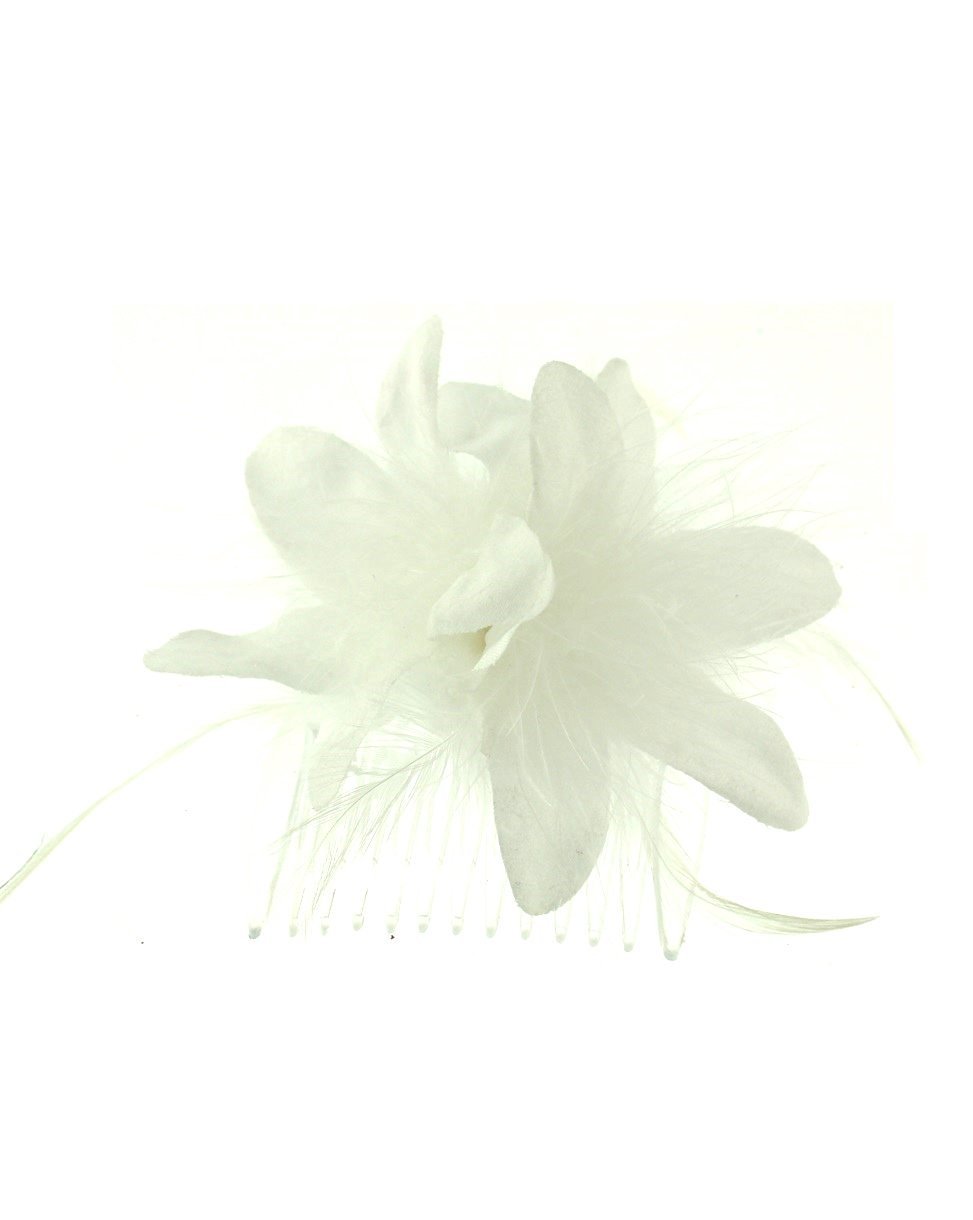 Zac's Alter Ego Girls White Fur & Feathers Fascinator/Flower On Comb