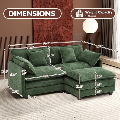 Image of Ihanherry 77 inch L Shaped Modern Sofa Modular Sectional Cloud Couch with Ottoman, 3-Seat Chenille Deep Seat Sofa with Pillow for Living Room, Bedroom and Apartment, Green