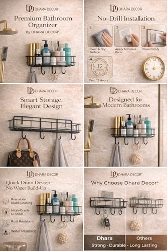 Image of Self Adhesive Multipurpose Bathroom Shelf and Kitchen Storage Rack Wall Mounted Towel Holder with Hooks Magic Sticker Bathroom Accessories Organizer Waterproof Rustproof Storage Shelves