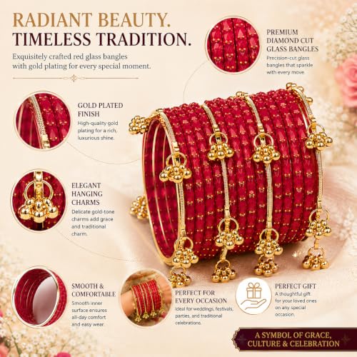 Image of JPS 16 Pcs Trendy Stylish Glass & Kashmiri Ghungroo Bangles Set for Women & Girls | Gold-Plated Traditional Festive Wedding Party Jewellery Chudi Set (12 Glass + 4 Metal)