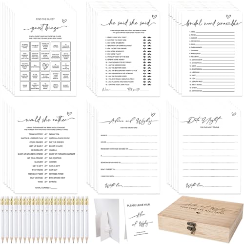 Silipull Bridal Shower Games Set for 50 Guests Includes Bingo, He Said She Said, Scramble, Would She Rather, Advice and Wishes Wedding Games Double Sided with Wooden Box, 20 Pencils(Minimalist)