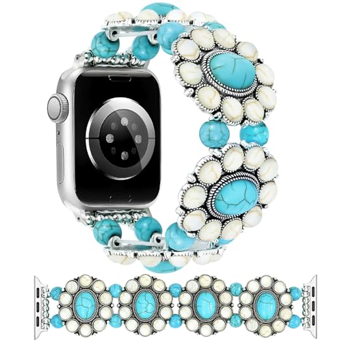 JR.DM Boho Beaded Bracelet Compatible with Apple Watch Women 38/40/41/42mm Bohemian Elastic Stretchy Turquoise Retro Tribal Classic Handmade Straps for iWatch Series 10 9 8 7 6 5 4 3 2 1 SE Ultra